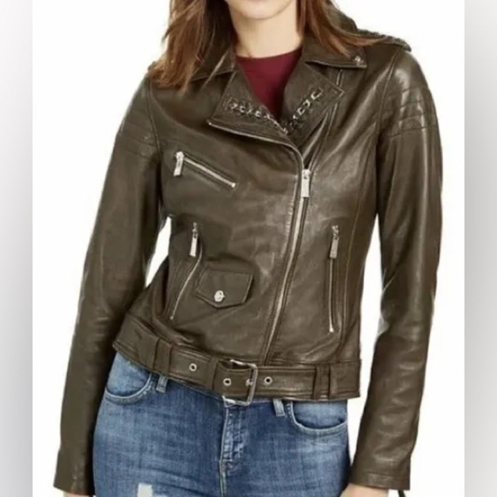 GUESS Genuine Soft Leather Moto Jacket In
Military Green